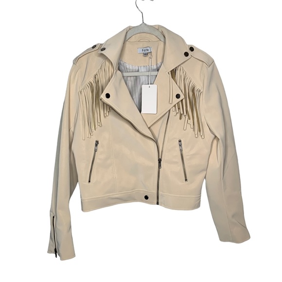 Fate Jackets & Blazers - NWT FATE Vegan Leather Fringe Moto Jacket Size Large Cream Color